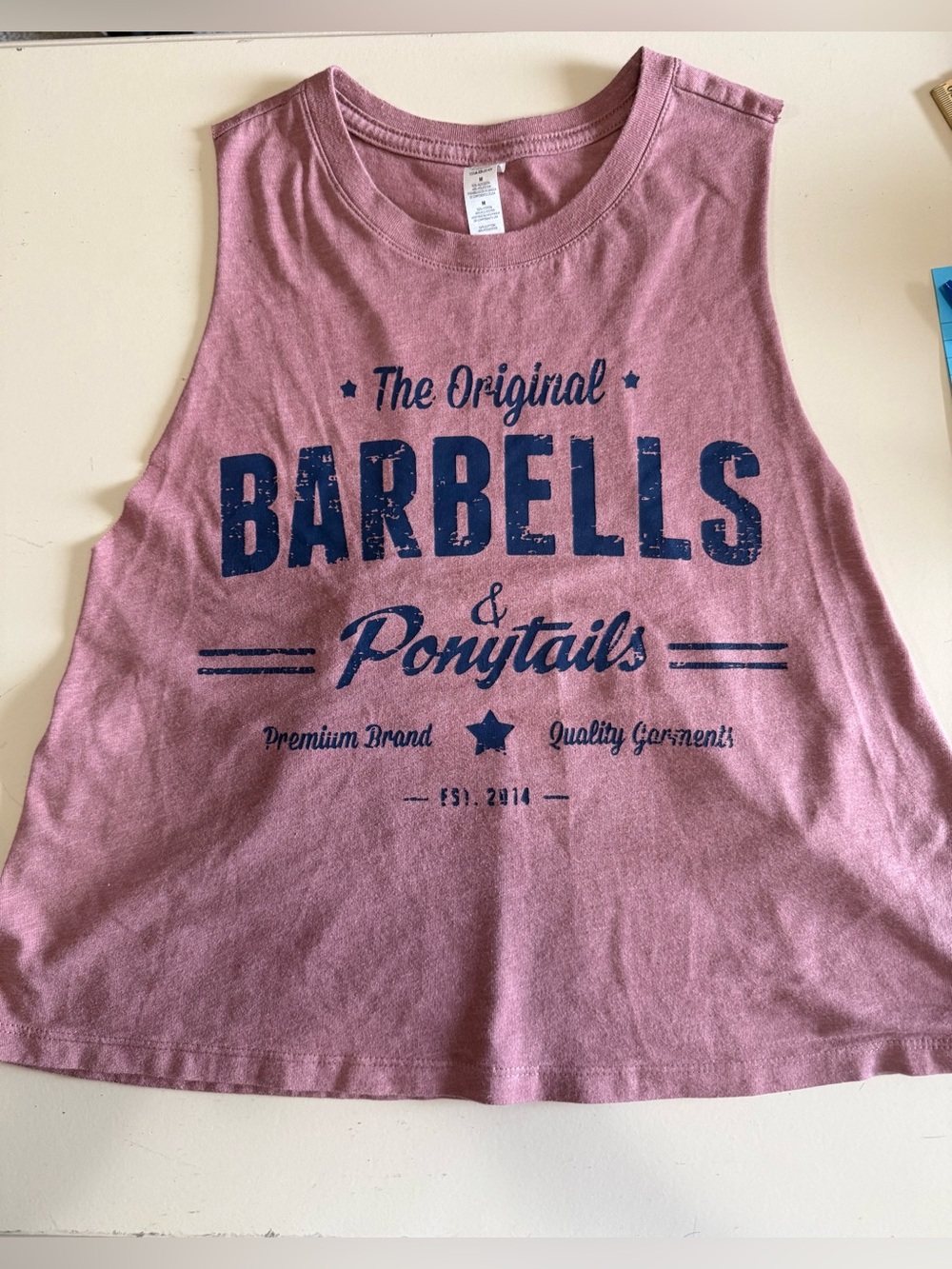 Women’s “Barbells & Ponytails" Pink Graphic Muscle Tank size M